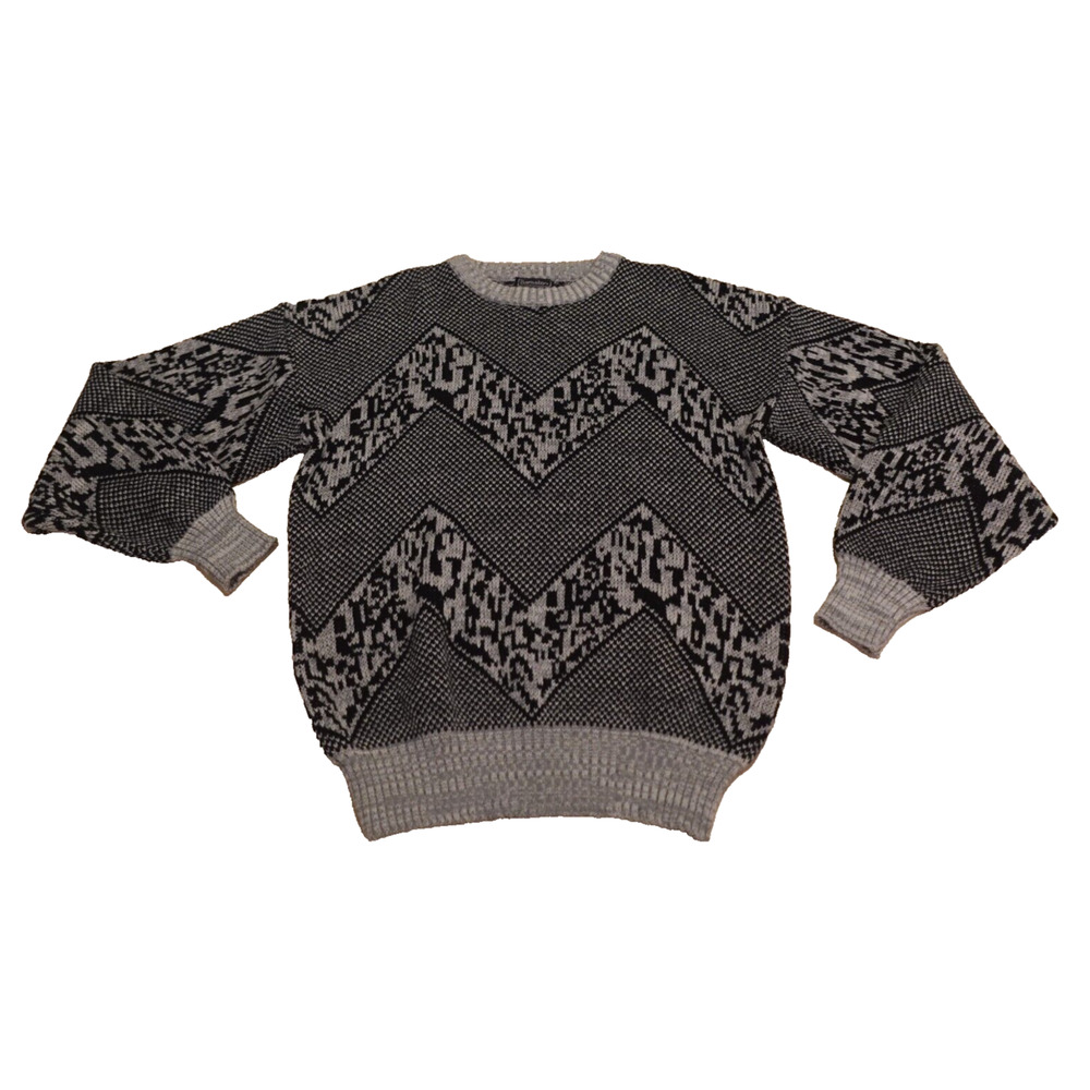 Barnaby Men‎ Large Sweater Knit Crewneck Pullover Gray Chevron VTG Grandpa 80s